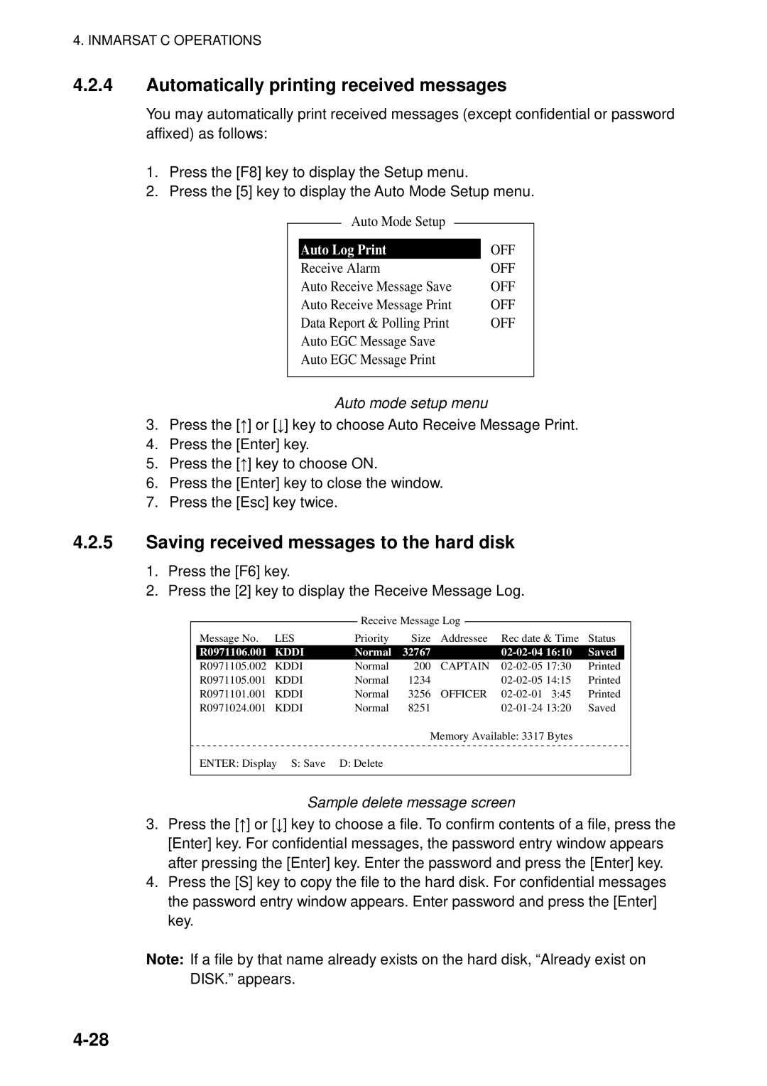 Furuno 16 Automatically printing received messages, Saving received messages to the hard disk, Normal 32767 02-02-04 Saved 