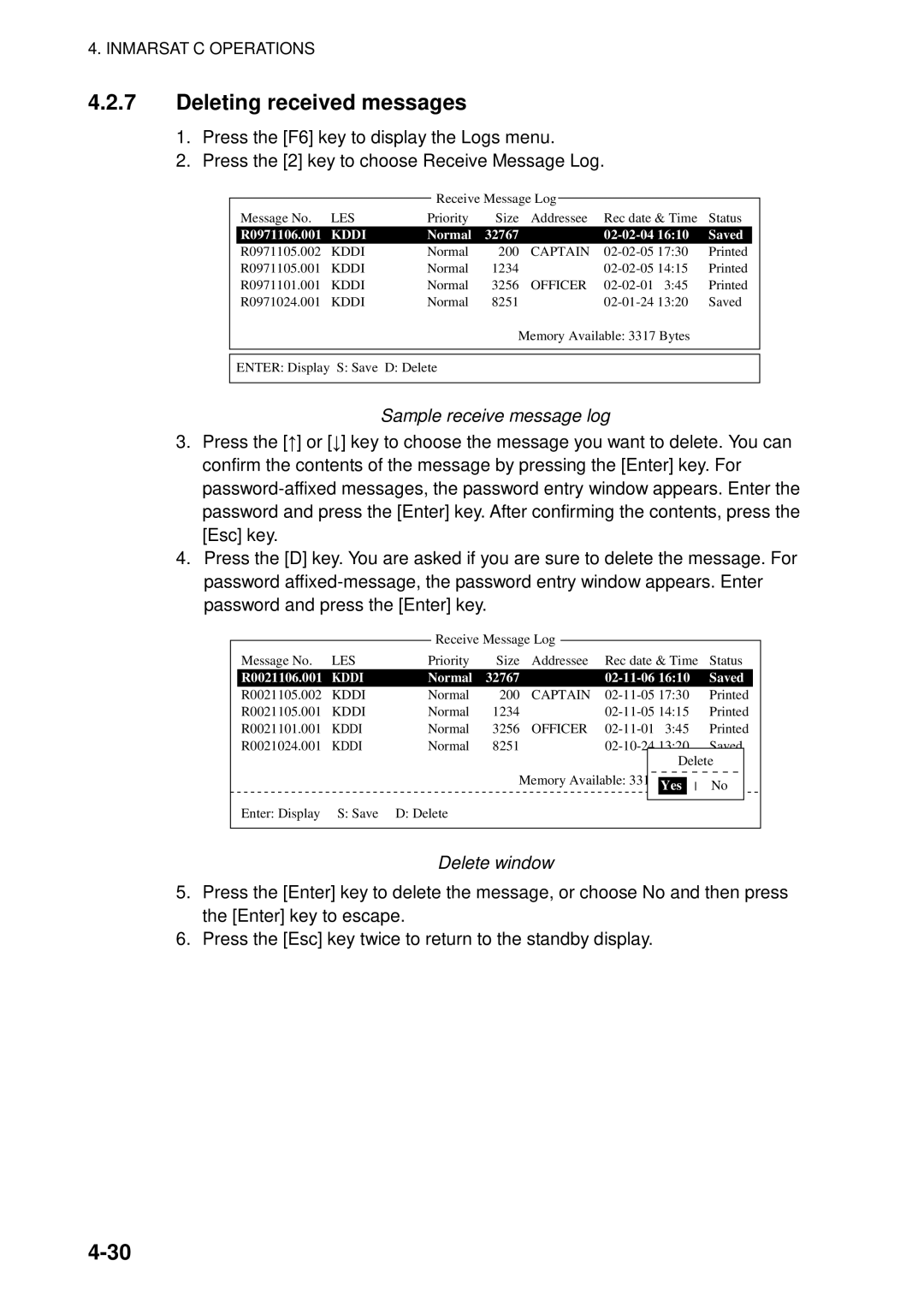 Furuno 16 Deleting received messages, Sample receive message log, Delete window, R0021106.001, Normal 32767 02-11-06 Saved 