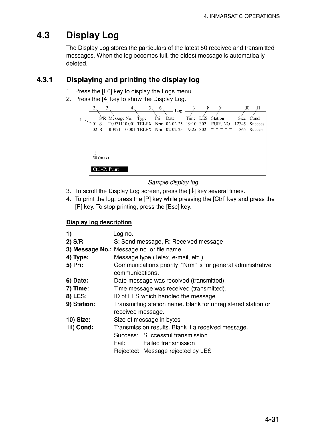 Furuno 16 manual Display Log, Displaying and printing the display log, Sample display log, Display log description 