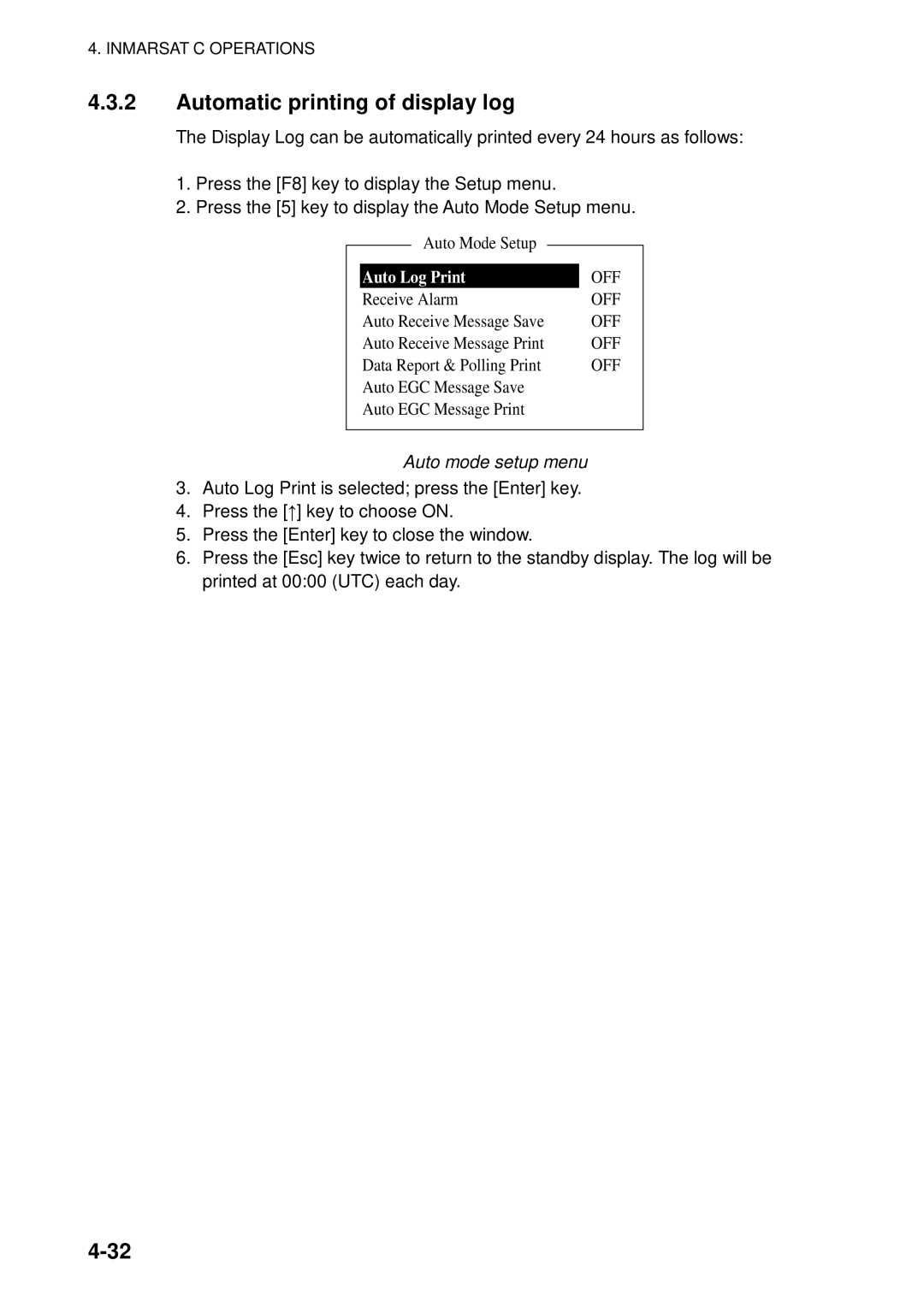 Furuno 16 manual Automatic printing of display log, Auto mode setup menu 