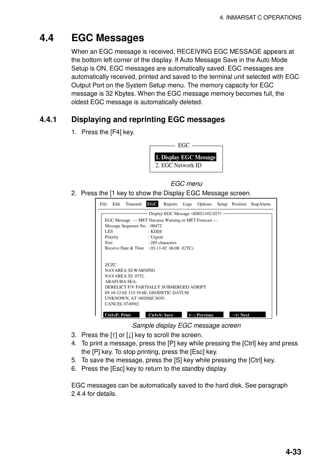 Furuno 16 manual EGC Messages, Displaying and reprinting EGC messages, EGC menu, Sample display EGC message screen 