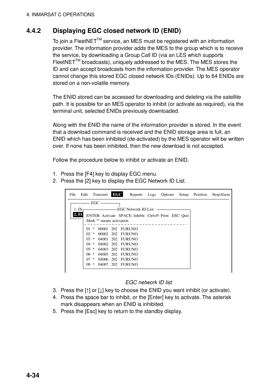 Furuno 16 manual Displaying EGC closed network ID Enid, EGC network ID list 