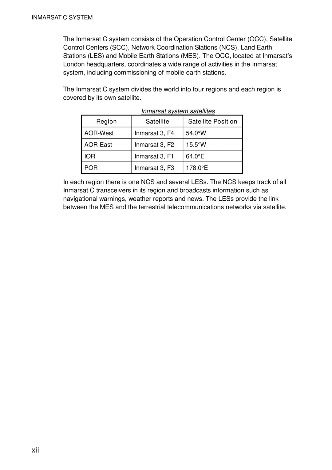 Furuno 16 manual Xii, Inmarsat system satellites, Region Satellite, Satellite Position 