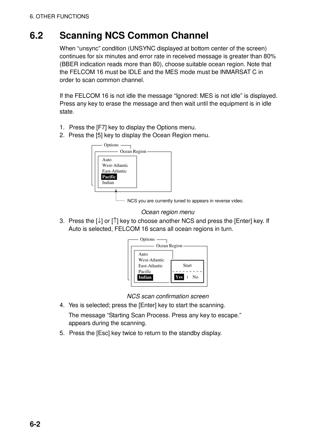 Furuno 16 manual Scanning NCS Common Channel, Ocean region menu, NCS scan confirmation screen, Pacific, Indian 