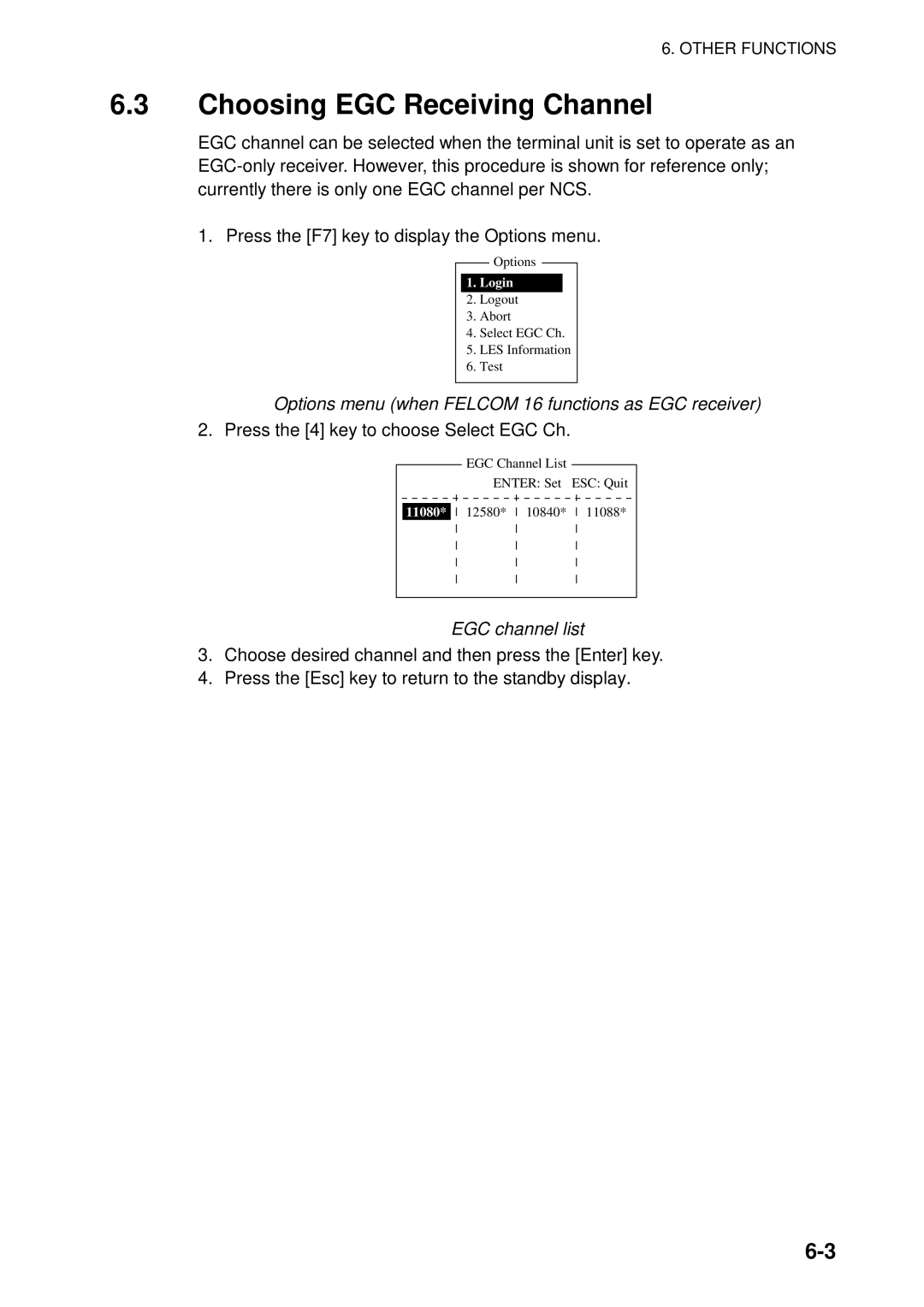 Furuno manual Choosing EGC Receiving Channel, Options menu when Felcom 16 functions as EGC receiver 