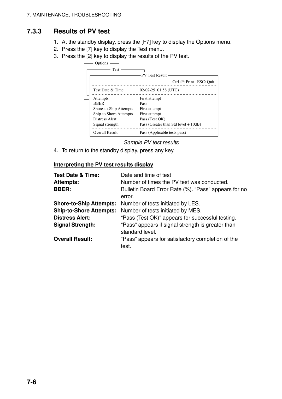 Furuno 16 manual Results of PV test 