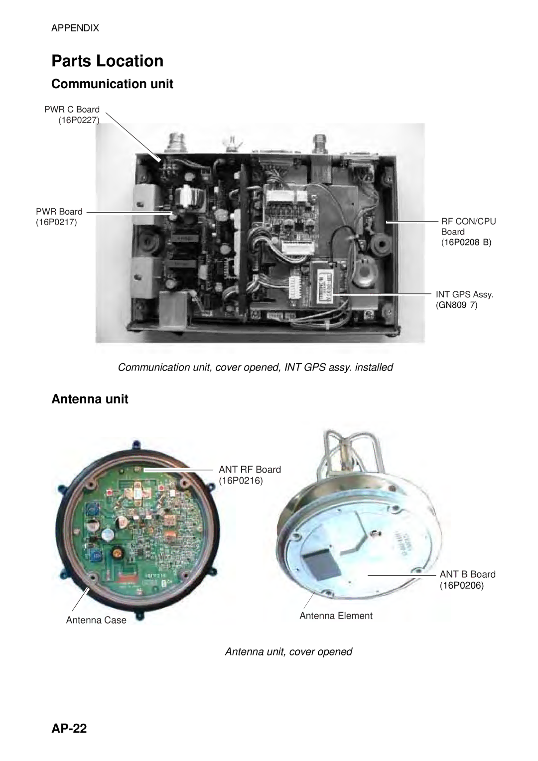 Furuno 16 manual Parts Location, Communication unit, Antenna unit, AP-22 