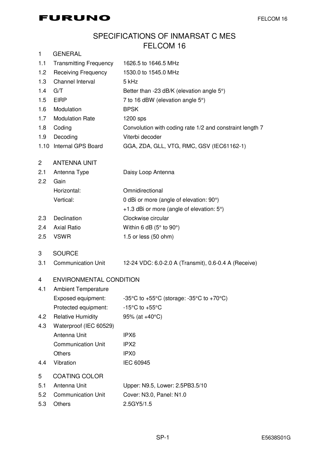 Furuno 16 manual Furuno Specifications of Inmarsat C MES Felcom, SP-1 