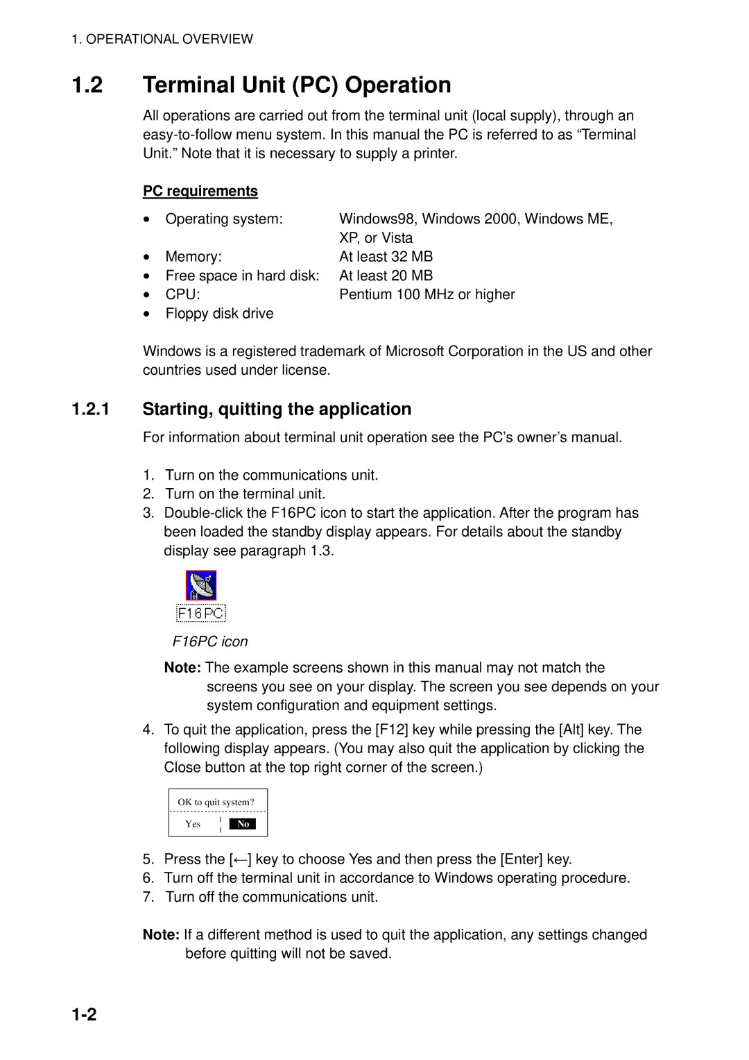 Furuno manual Terminal Unit PC Operation, Starting, quitting the application, PC requirements, F16PC icon 