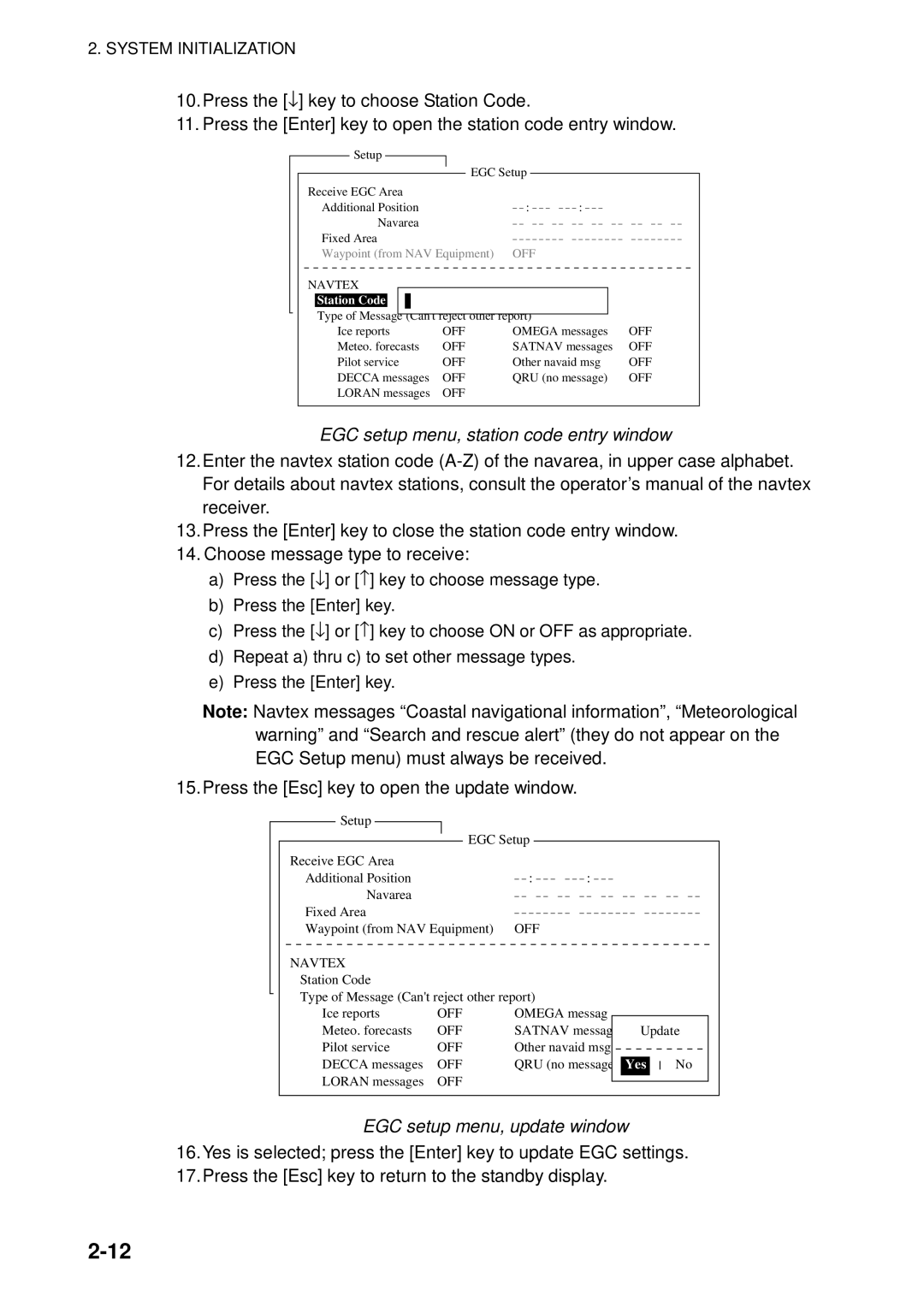 Furuno 16 manual EGC setup menu, station code entry window, EGC setup menu, update window 