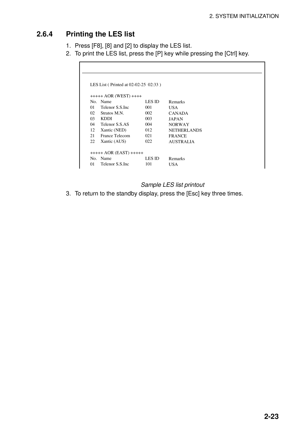 Furuno 16 manual Printing the LES list, Sample LES list printout 