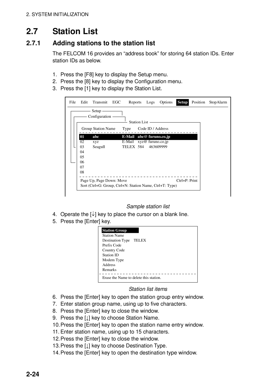 Furuno 16 manual Station List, Adding stations to the station list, Sample station list, Station list items 