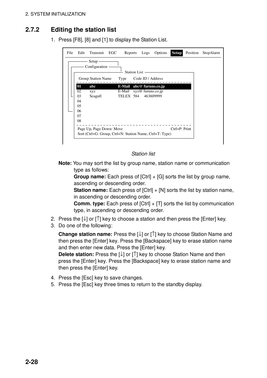 Furuno 16 manual Editing the station list, Press F8, 8 and 1 to display the Station List, Station list 