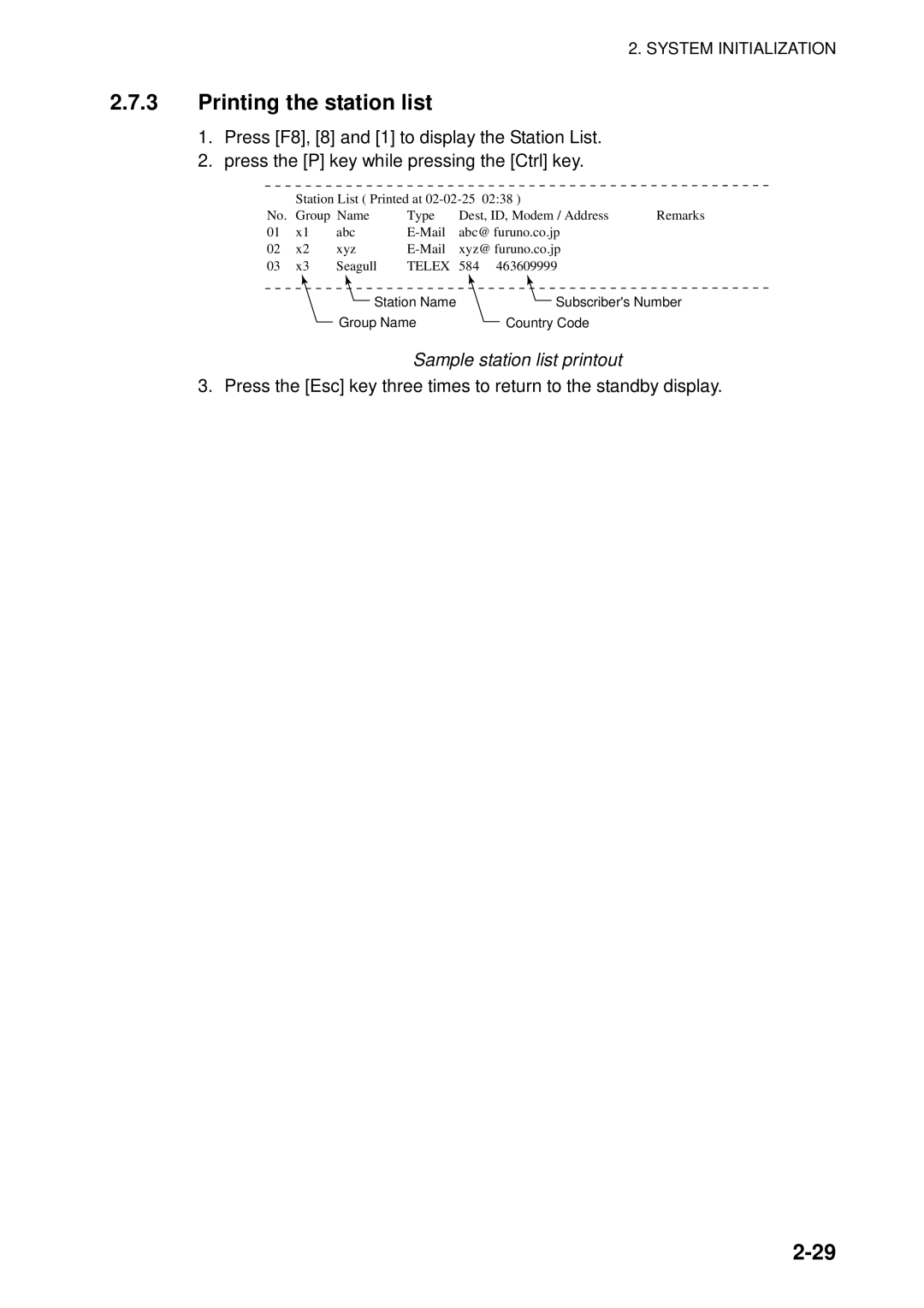 Furuno 16 manual Printing the station list, Sample station list printout 