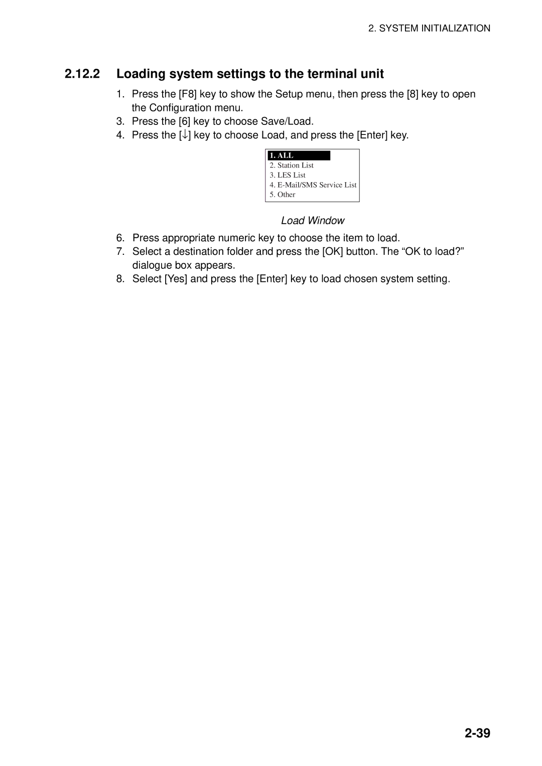 Furuno 16 manual Loading system settings to the terminal unit, Load Window 