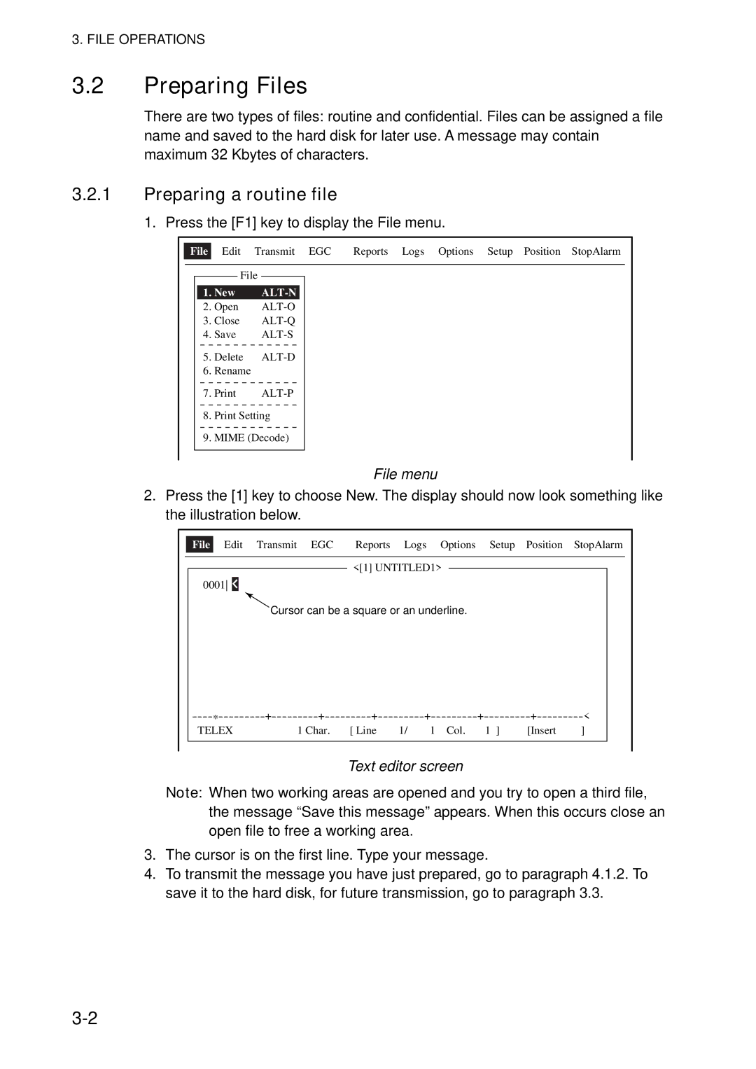 Furuno 16 manual Preparing Files, Preparing a routine file, Text editor screen 