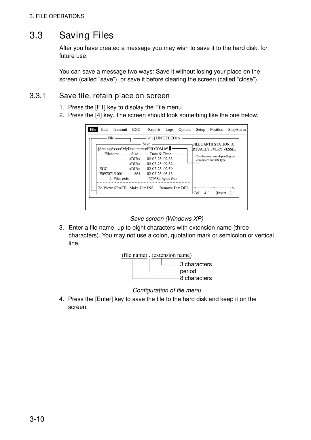 Furuno 16 manual Saving Files, Save file, retain place on screen, Save screen Windows XP, Configuration of file menu 