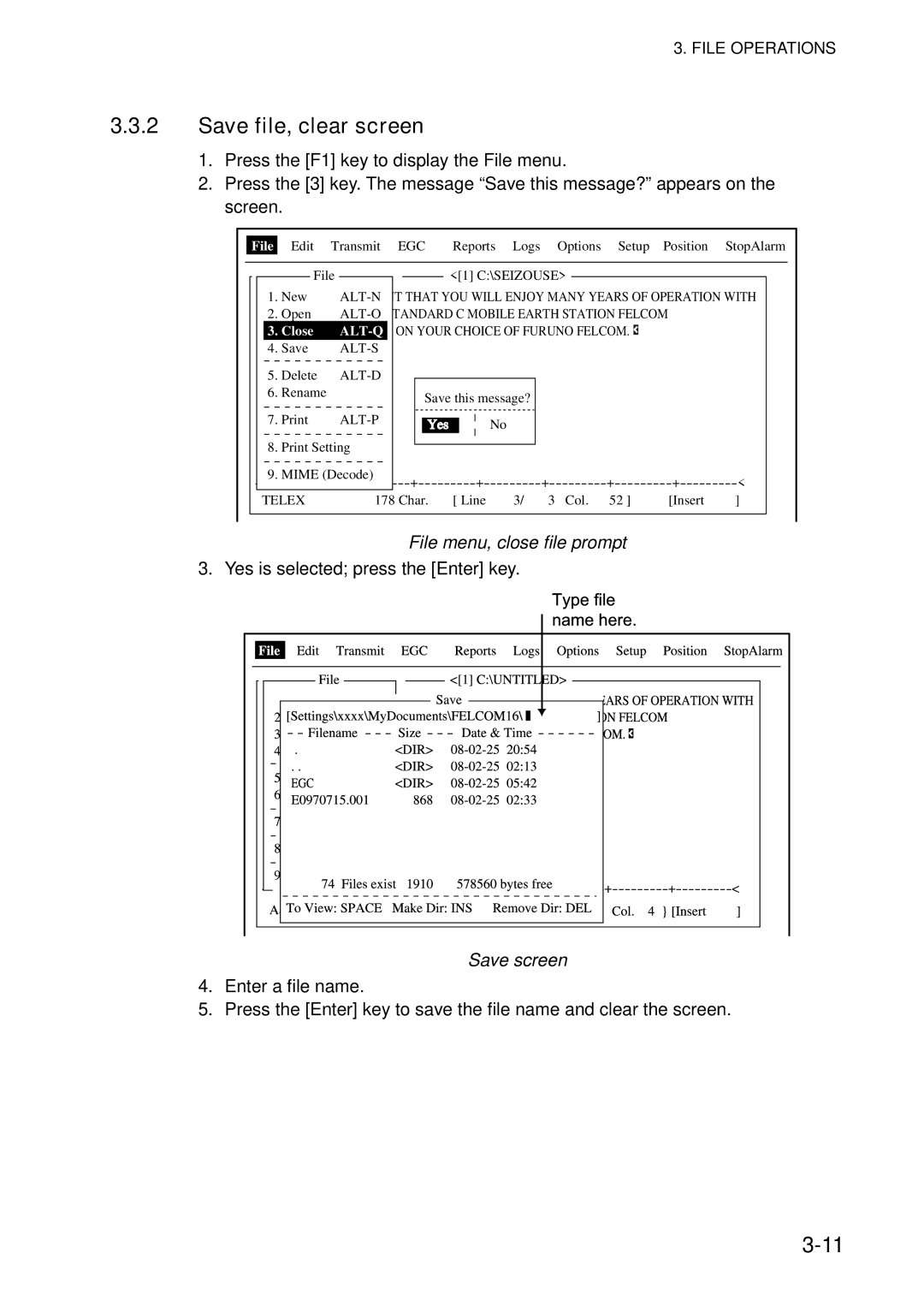 Furuno 16 manual Save file, clear screen, File menu, close file prompt, Save screen, Close 