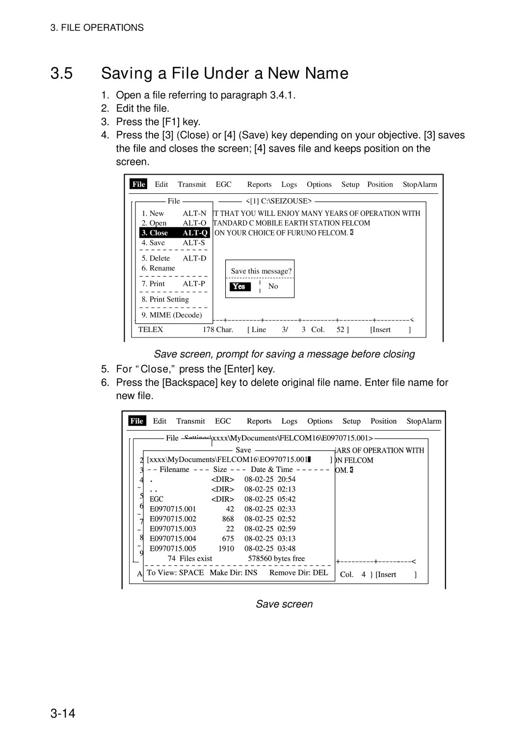 Furuno 16 manual Saving a File Under a New Name, Save screen, prompt for saving a message before closing 