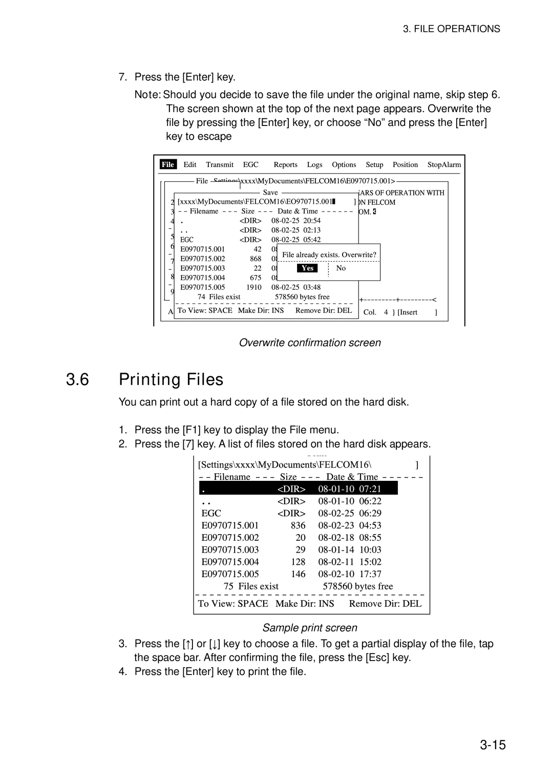 Furuno 16 manual Printing Files, Overwrite confirmation screen, Sample print screen 