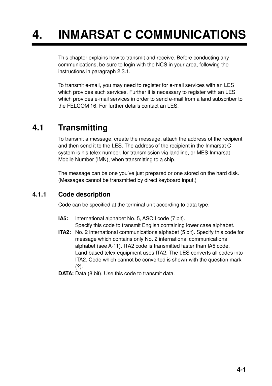 Furuno 16 manual Inmarsat C Communications, Transmitting, Code description 