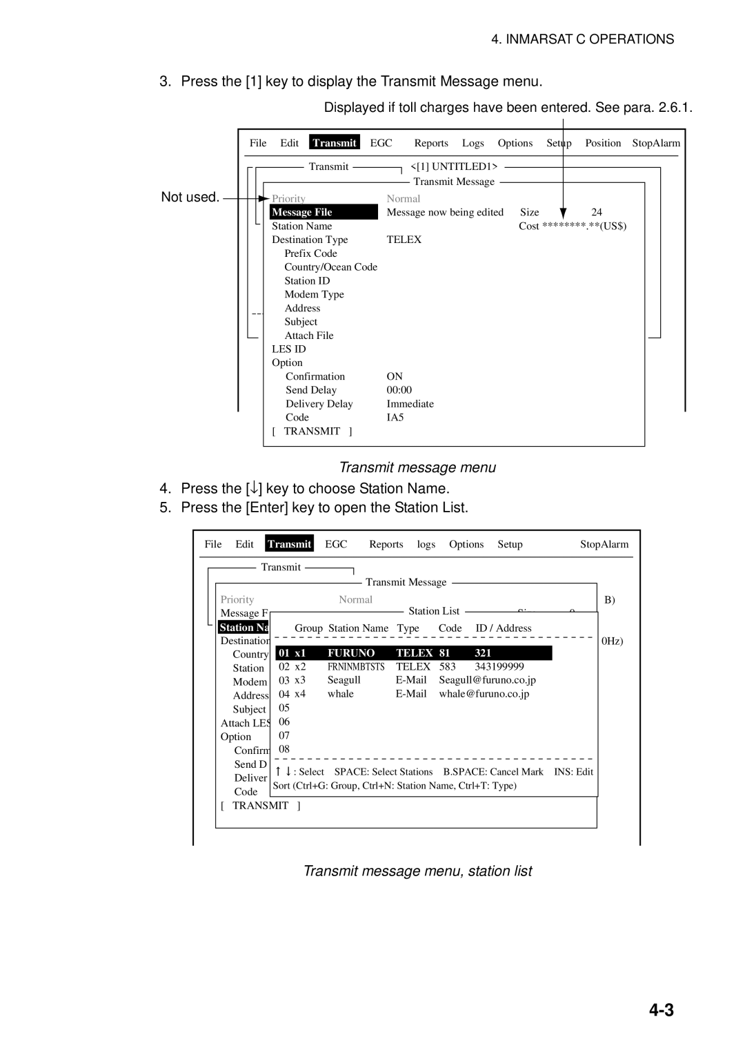 Furuno 16 manual Transmit message menu, station list, Message File, Station Na 