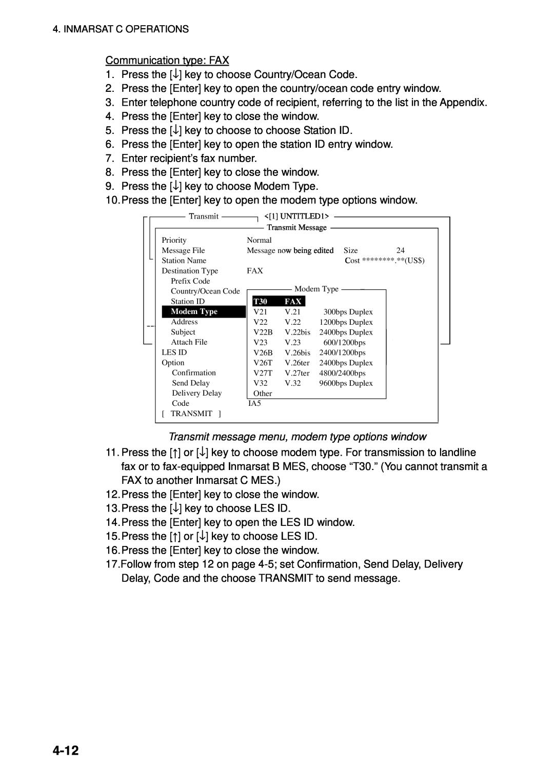 Furuno 16 manual 4-12, Transmit message menu, modem type options window 