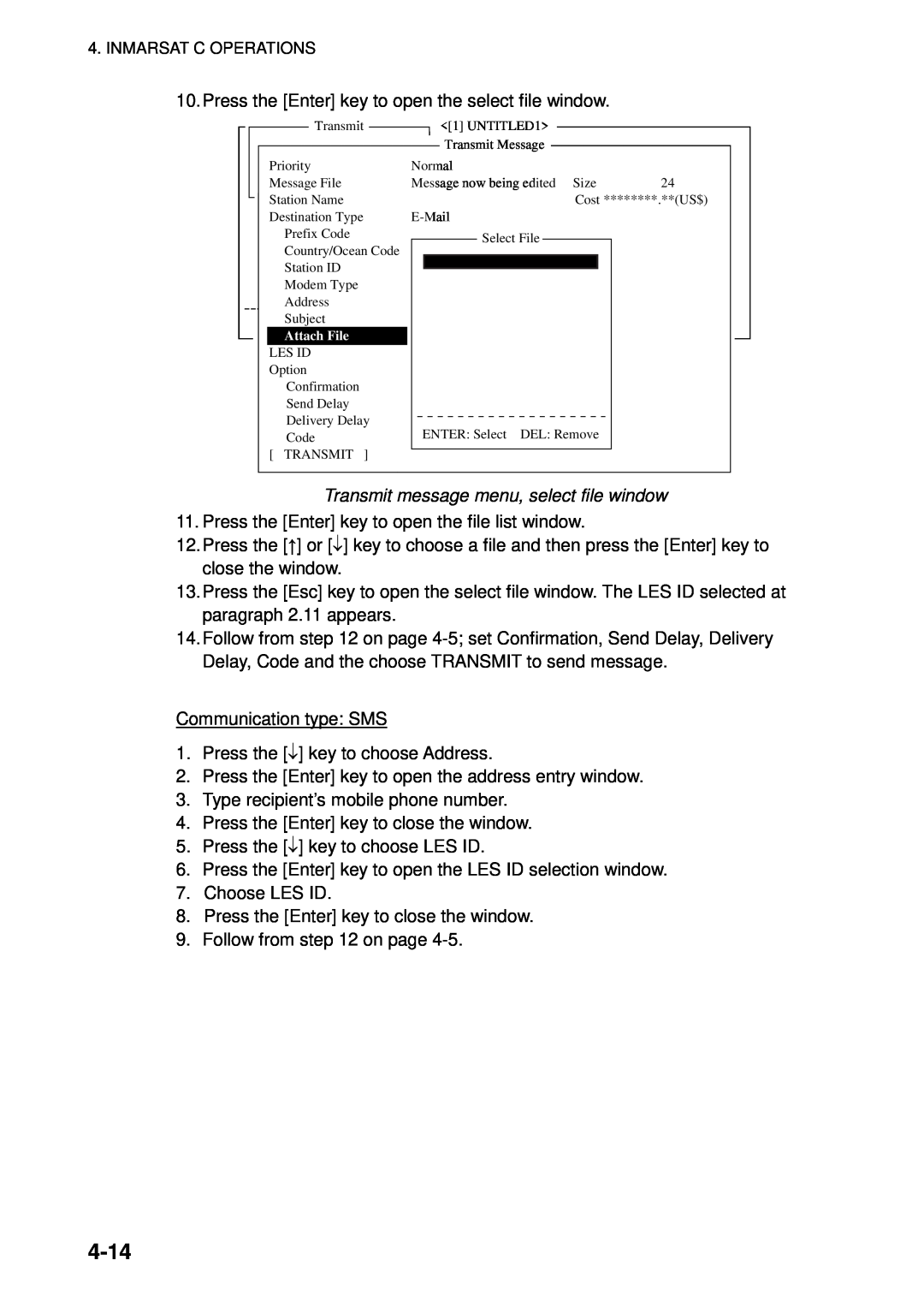 Furuno 16 manual 4-14, Transmit message menu, select file window 