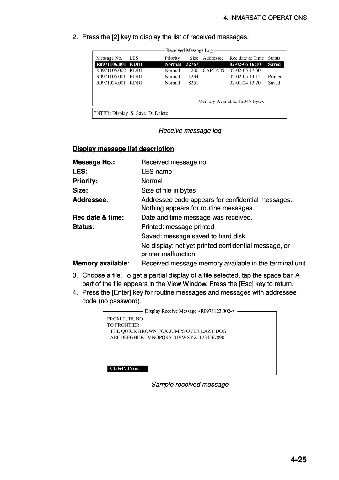 Furuno 16 manual 4-25, Display message list description, Message No, Priority, Size, Addressee, Rec date & time, Status 