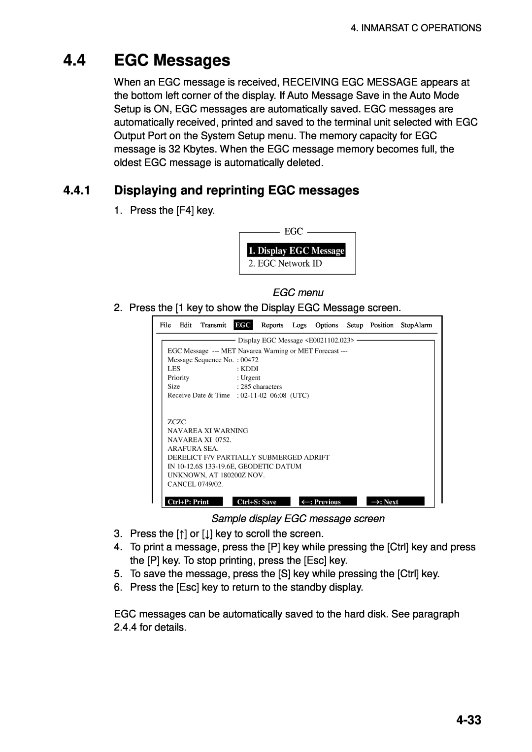 Furuno 16 manual EGC Messages, Displaying and reprinting EGC messages, 4-33, Display EGC Message 