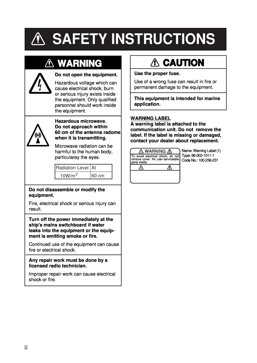 Furuno 16 manual Safety Instructions, Radiation Level, 10W/m, 60 cm 