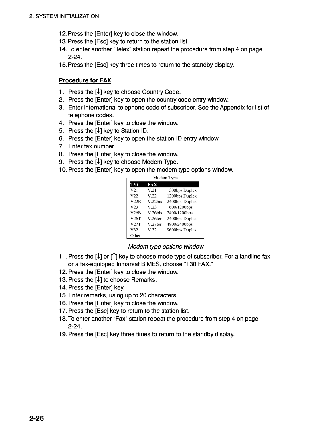 Furuno 16 manual 2-26, Procedure for FAX, Modem type options window 