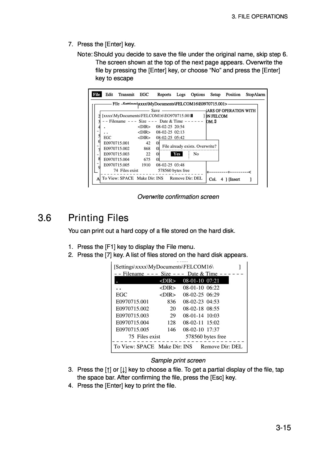 Furuno 16 manual Printing Files, 3-15, Overwrite confirmation screen, Sample print screen 