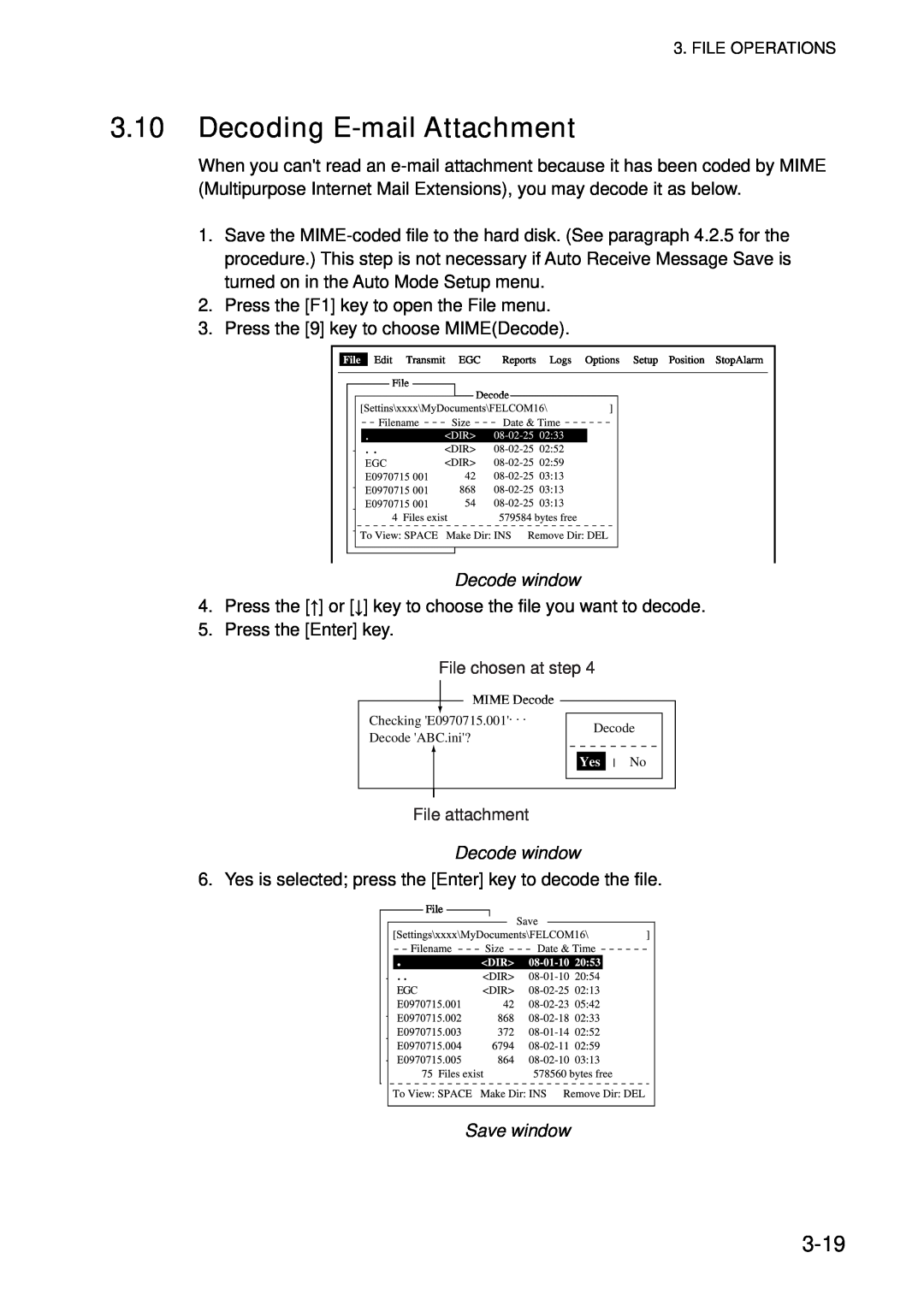 Furuno 16 manual Decoding E-mail Attachment, 3-19, File chosen at step, File attachment 