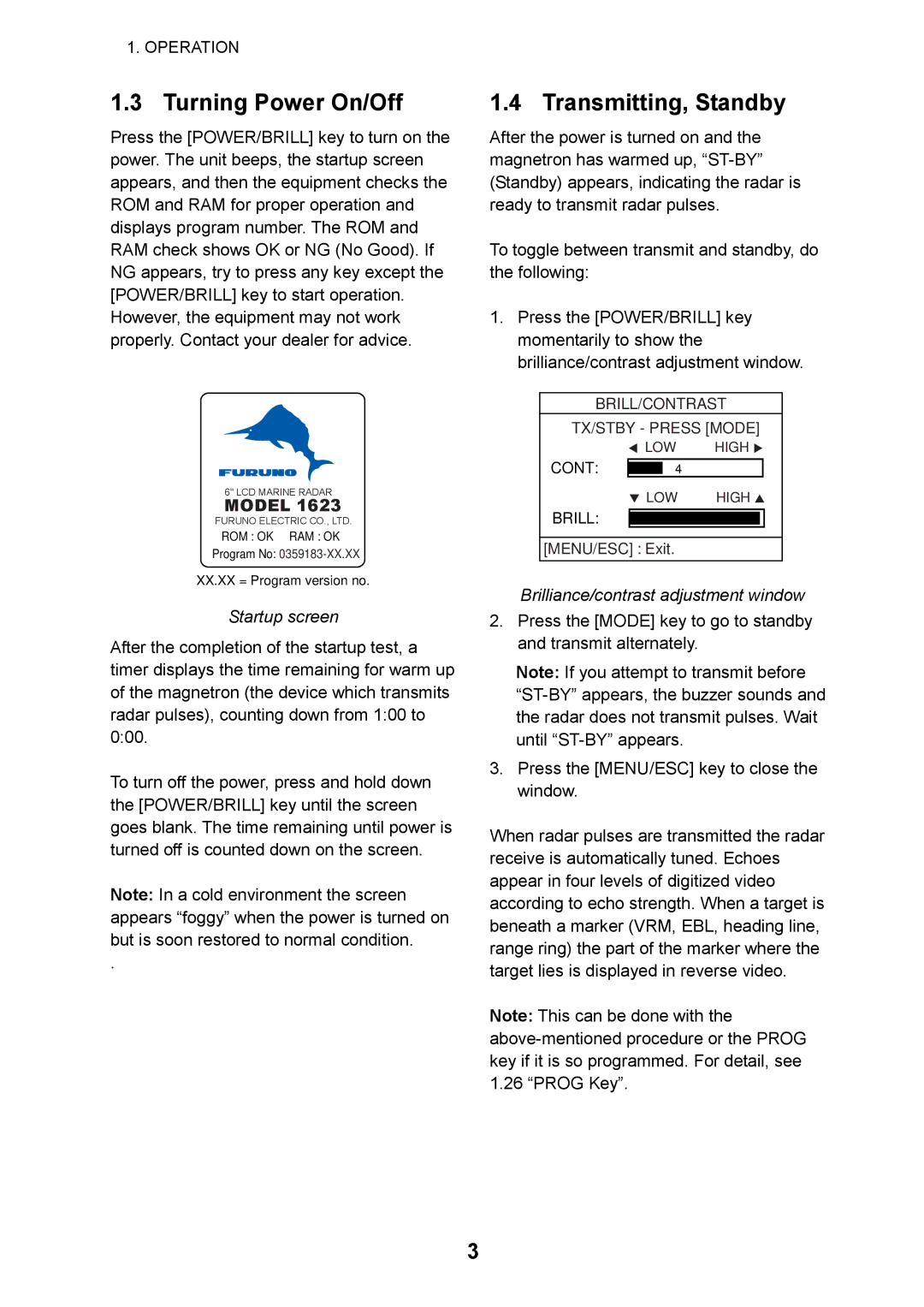 Furuno 1623 manual Turning Power On/Off, Transmitting, Standby, Startup screen, Brilliance/contrast adjustment window 