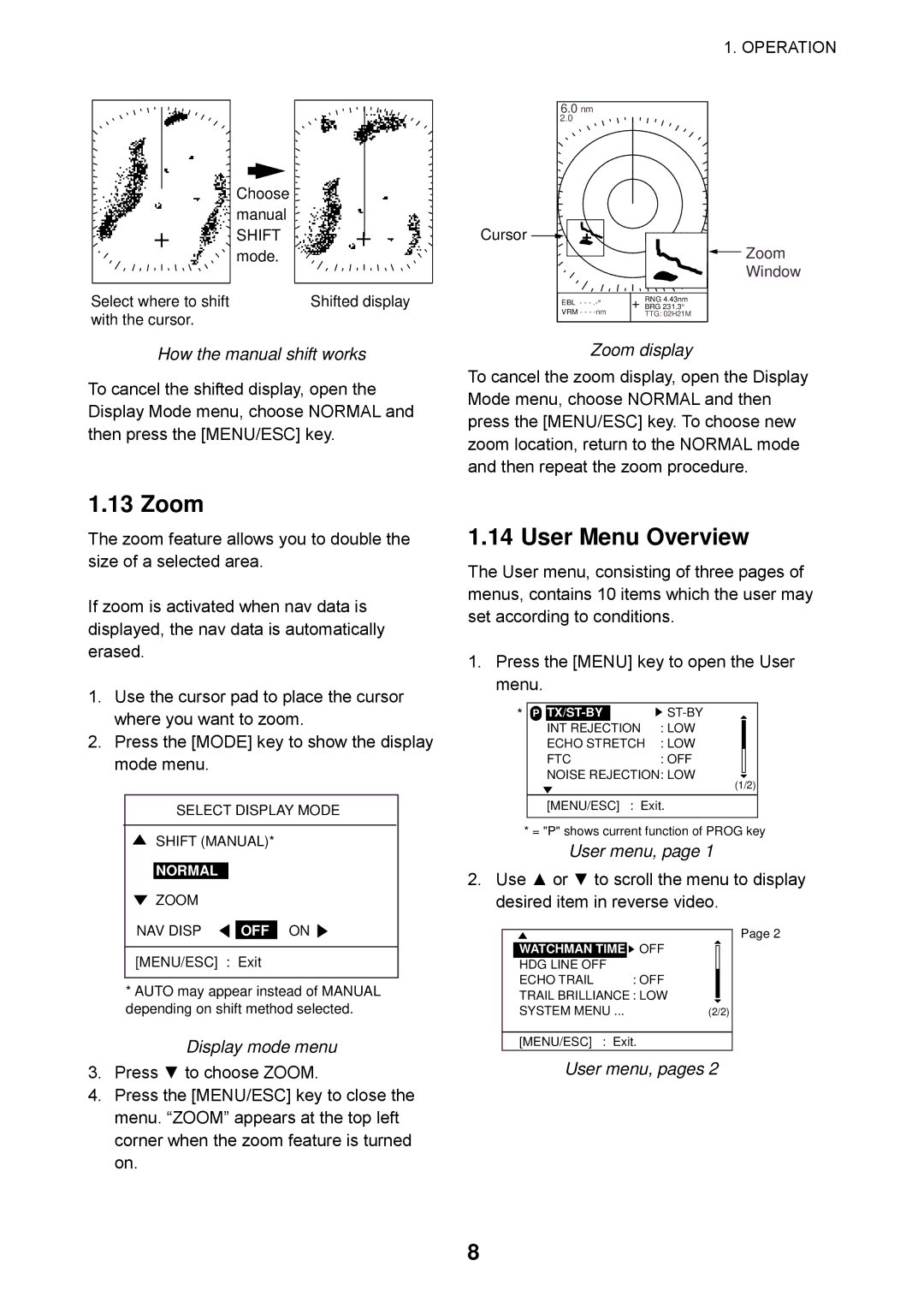 Furuno 1623 manual Zoom, User Menu Overview 