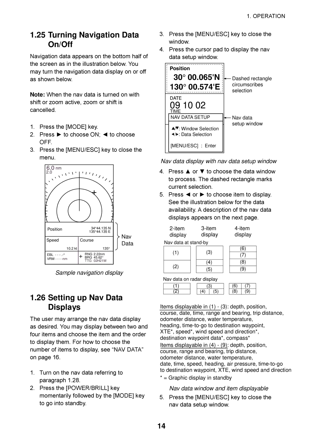 Furuno 1623 manual Turning Navigation Data On/Off, Setting up Nav Data Displays, 00.065N, 130 00.574E 