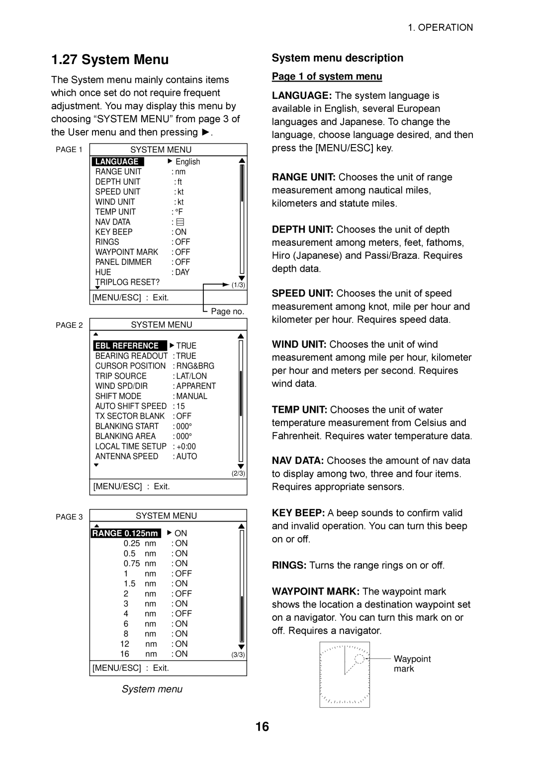 Furuno 1623 manual System Menu, System menu description 