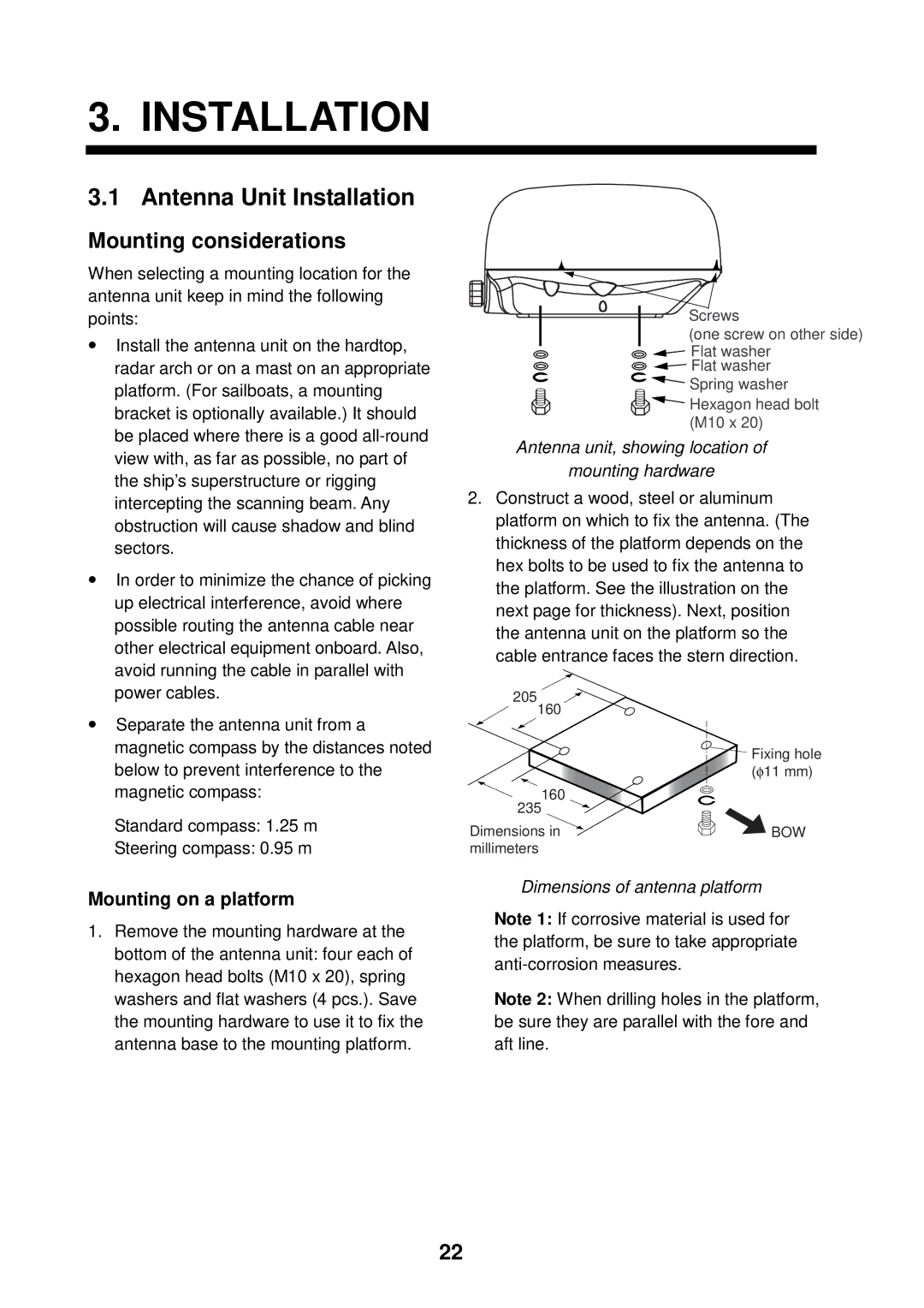 Furuno 1623 manual Antenna Unit Installation, Mounting on a platform, Antenna unit, showing location Mounting hardware 