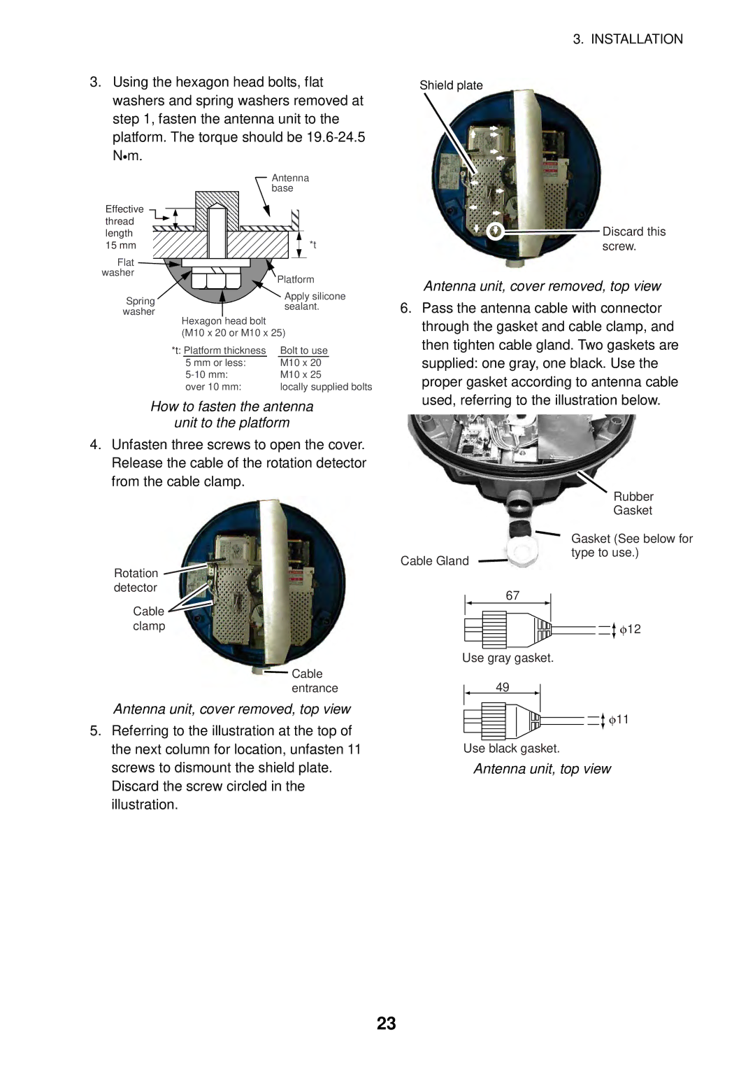 Furuno 1623 How to fasten the antenna Unit to the platform, Antenna unit, cover removed, top view, Antenna unit, top view 