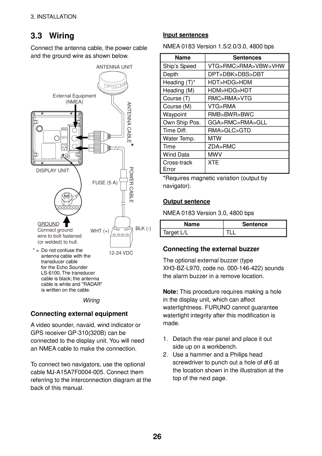 Furuno 1623 manual Wiring, Connecting external equipment, Connecting the external buzzer 