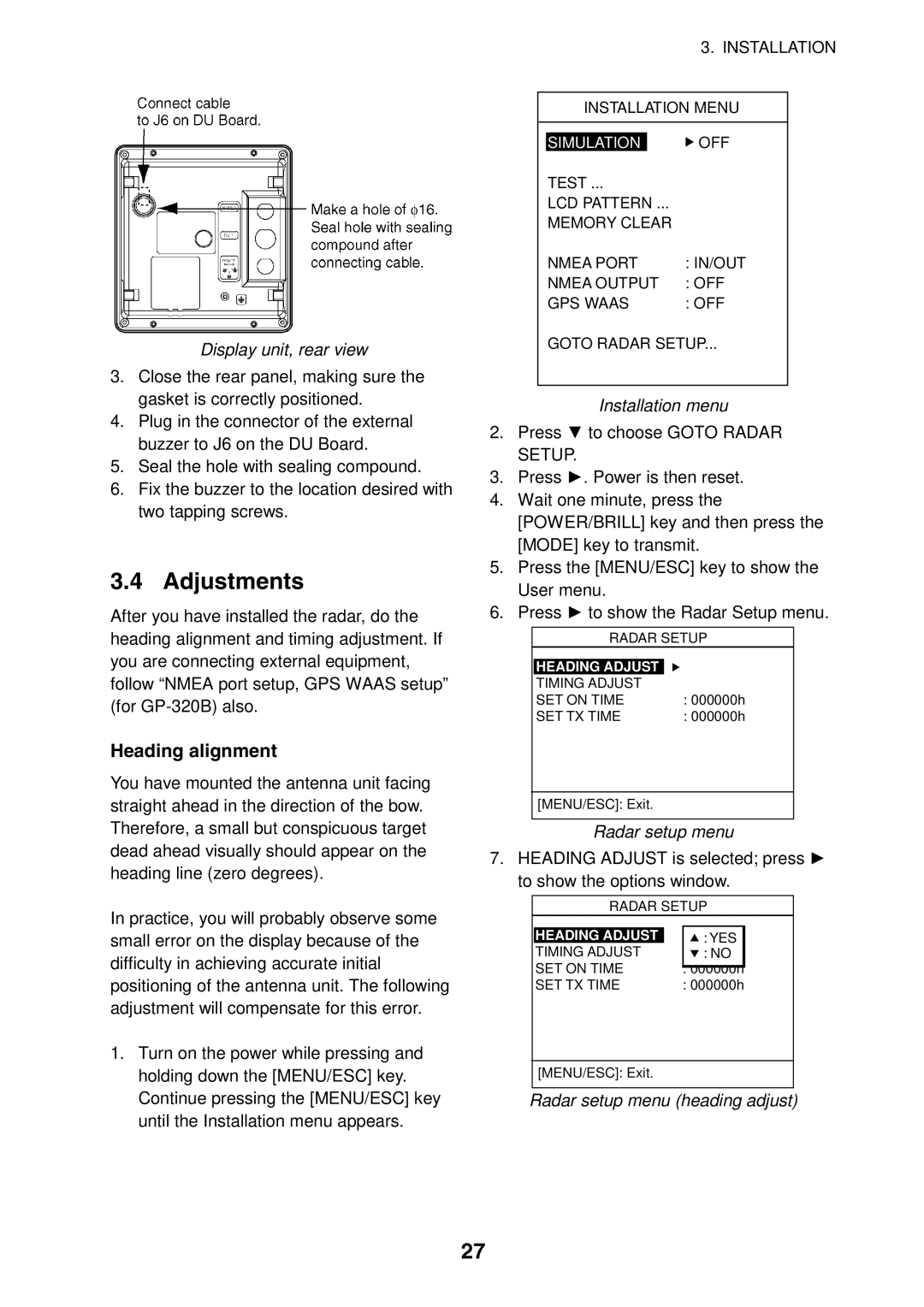 Furuno 1623 manual Adjustments, Display unit, rear view 