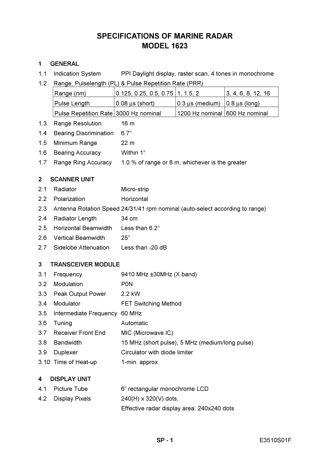 Furuno 1623 manual Specifications of Marine Radar 