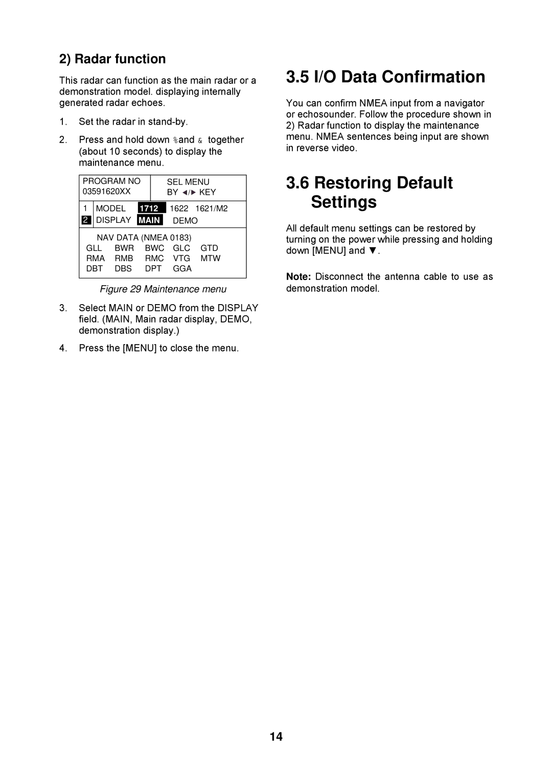 Furuno 1712 installation manual I/O Data Confirmation, Restoring Default Settings, Radar function 