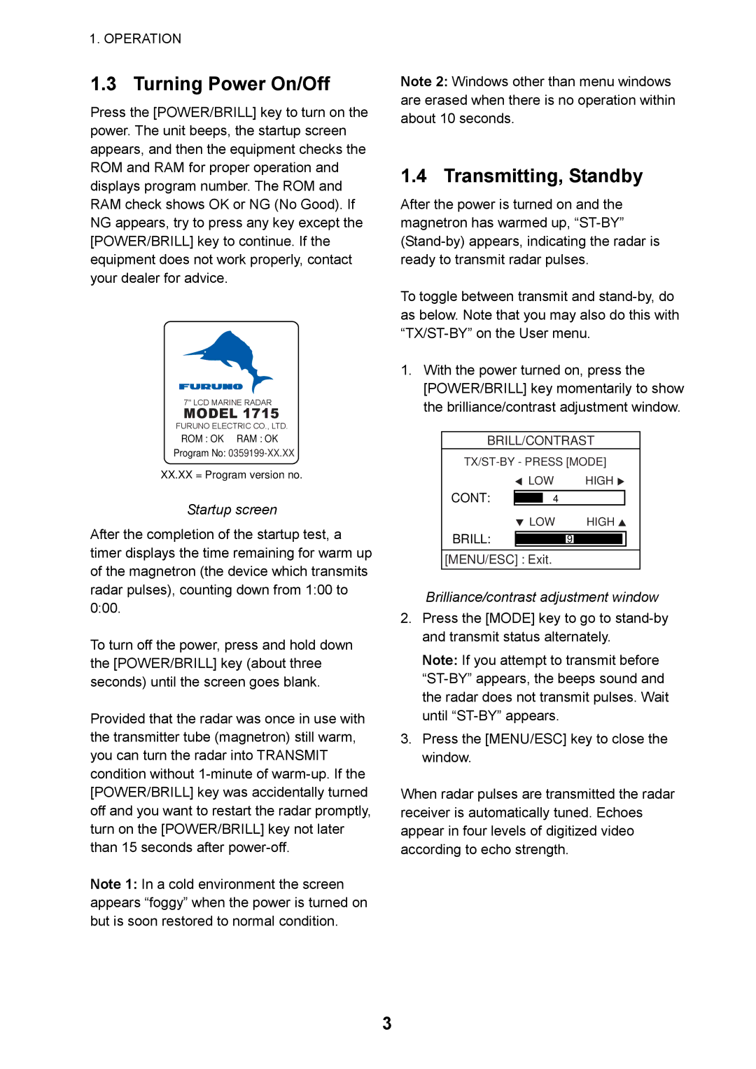 Furuno 1715 manual Turning Power On/Off, Transmitting, Standby, Startup screen, Brilliance/contrast adjustment window 