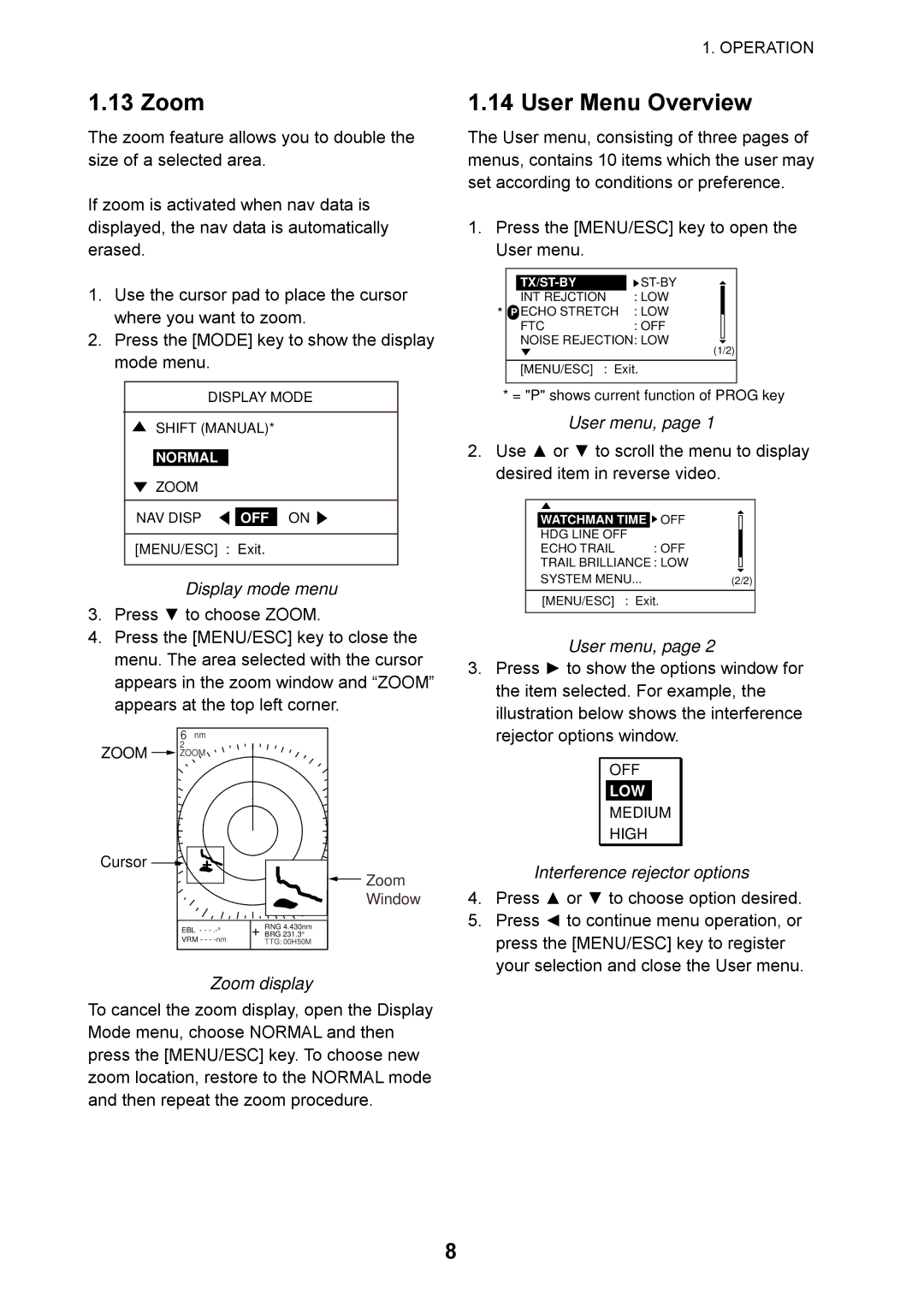 Furuno 1715 manual User Menu Overview, Zoom display, User menu, Interference rejector options 