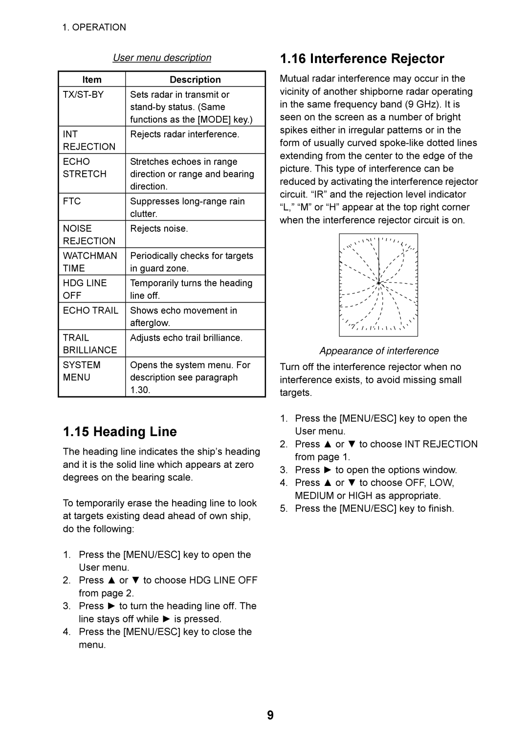 Furuno 1715 manual Heading Line, Interference Rejector, User menu description, Appearance of interference, Description 