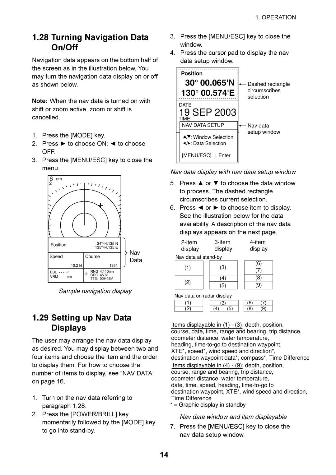 Furuno 1715 manual Turning Navigation Data On/Off, 30 00.065N 130 00.574E, Setting up Nav Data Displays 