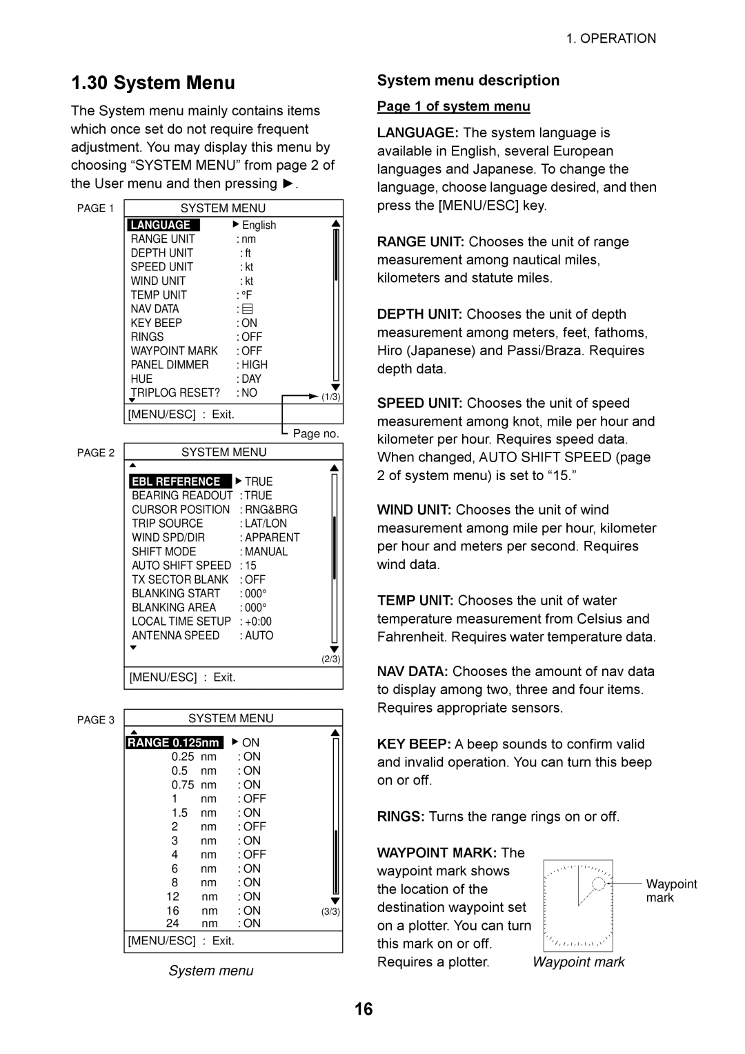 Furuno 1715 manual System Menu, System menu description, of system menu, Waypoint Mark The waypoint mark shows 