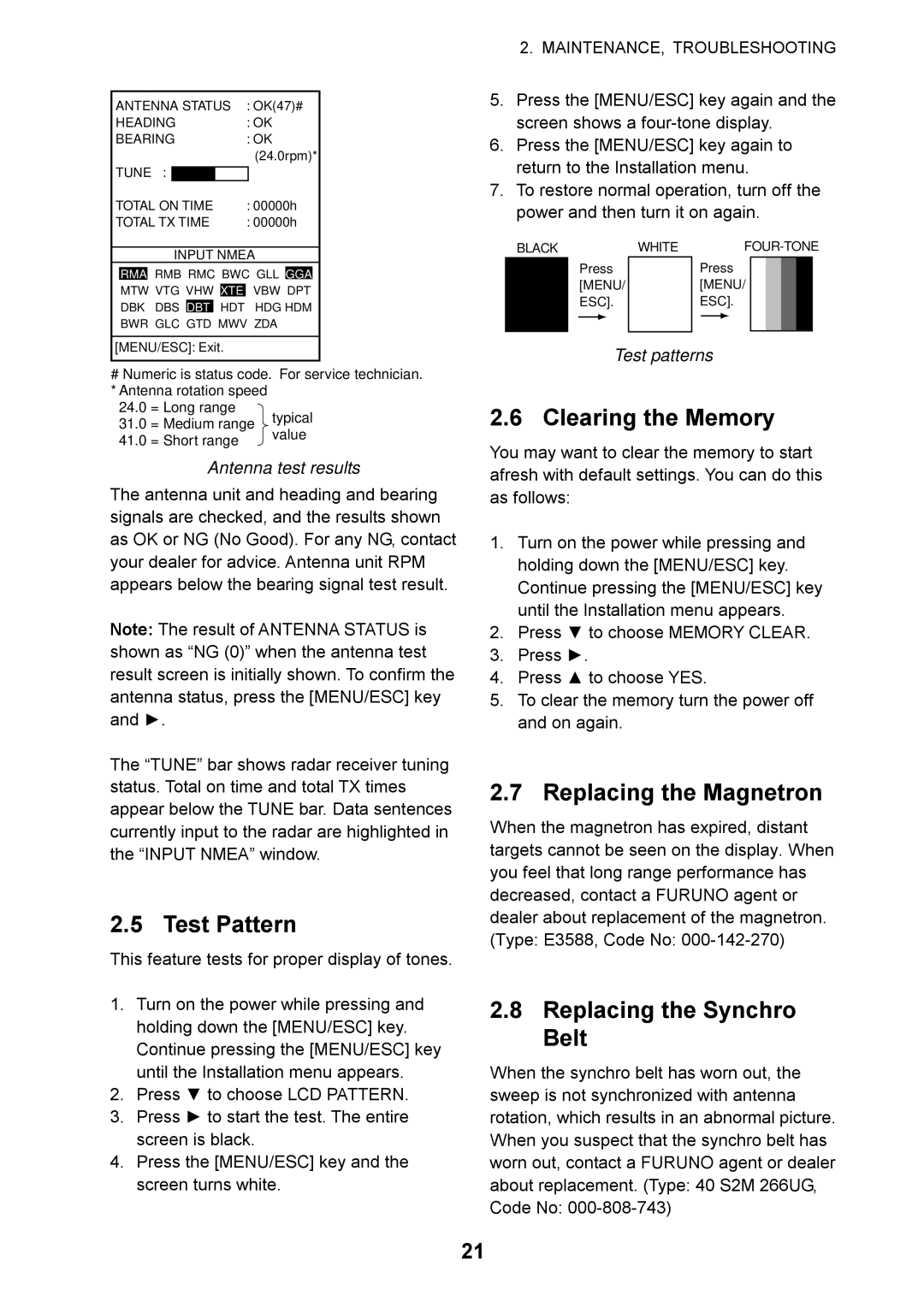 Furuno 1715 manual Test Pattern, Clearing the Memory, Replacing the Magnetron, Replacing the Synchro Belt 